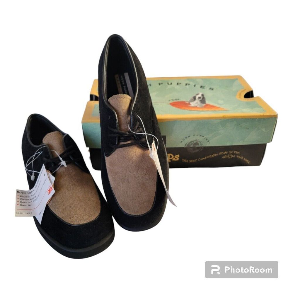 NWT Hush Puppies Big Boys 2.5M Leather Suede Black Taupe Dress Shoe Scotchguard